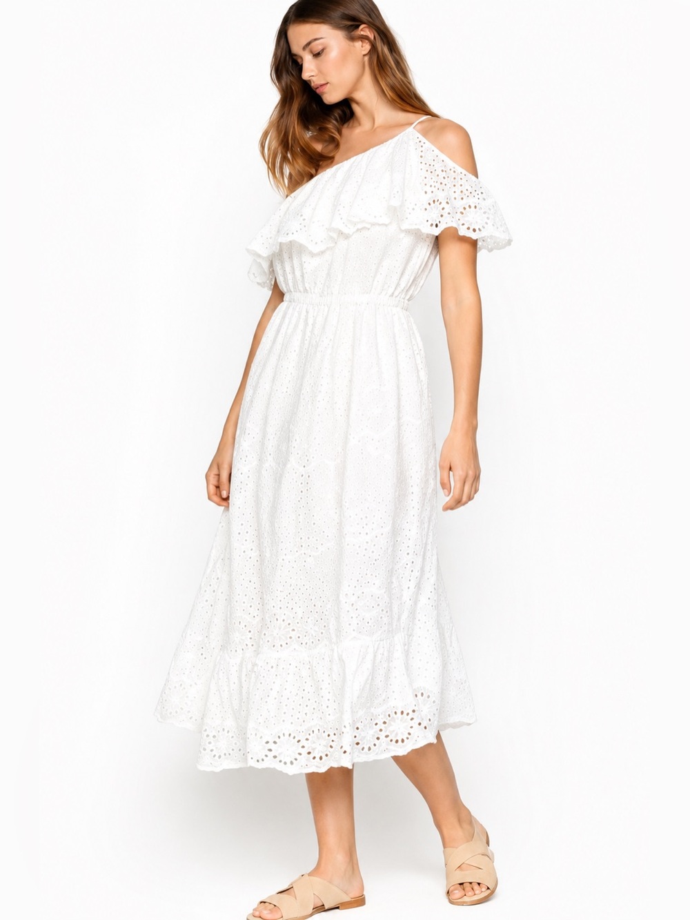 Joie Corynn One-Shoulder Eyelet Midi Dress Medium White Ruffle Cotton NWT